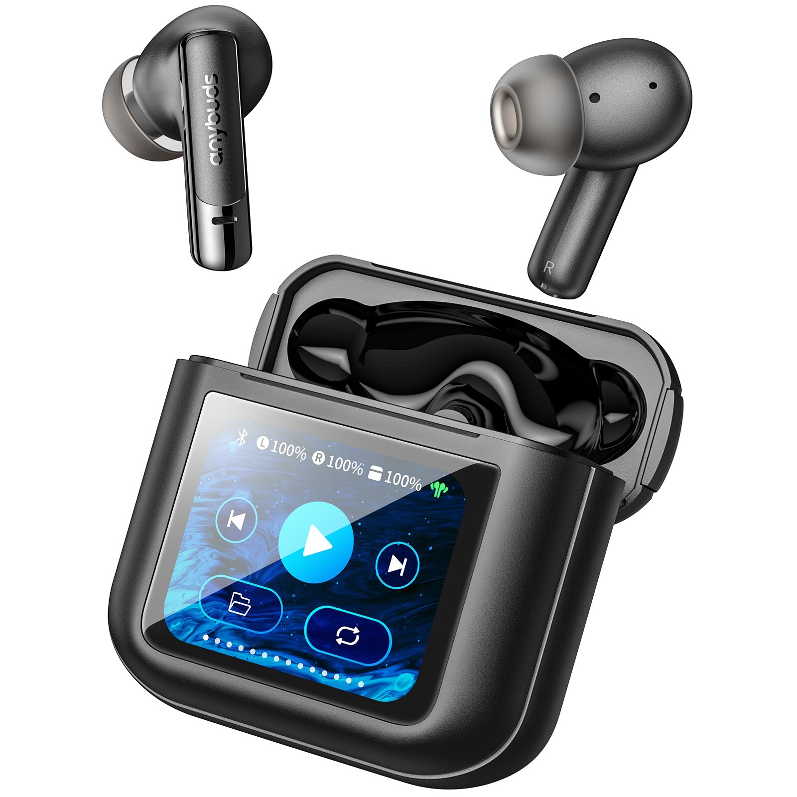 Anybuds Vivid 1.75″ Touch Screen Wireless Earbuds ANC Noise Cancellation