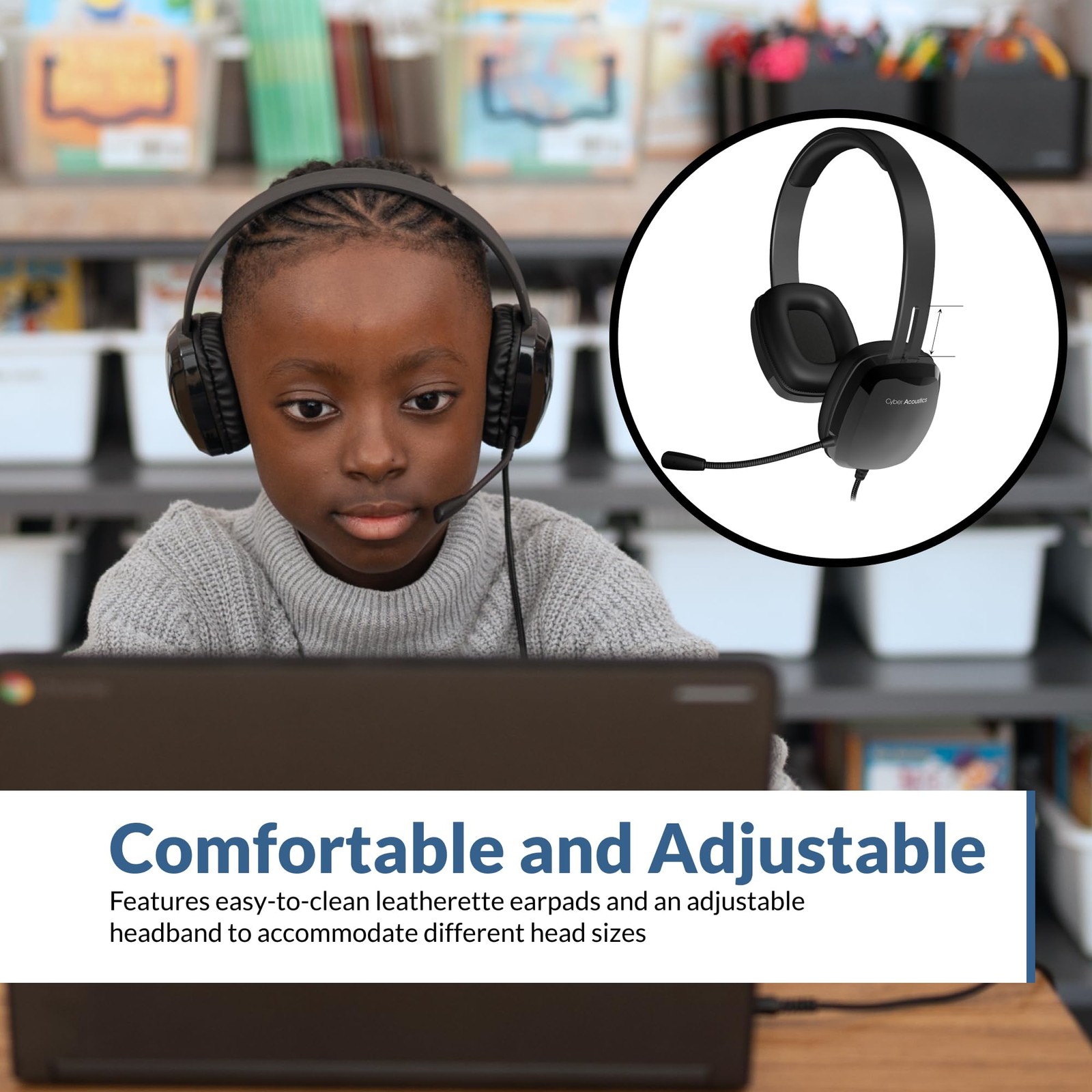Black 35mm Stereo Headphones with Unidirectional Microphone for Classroom Use