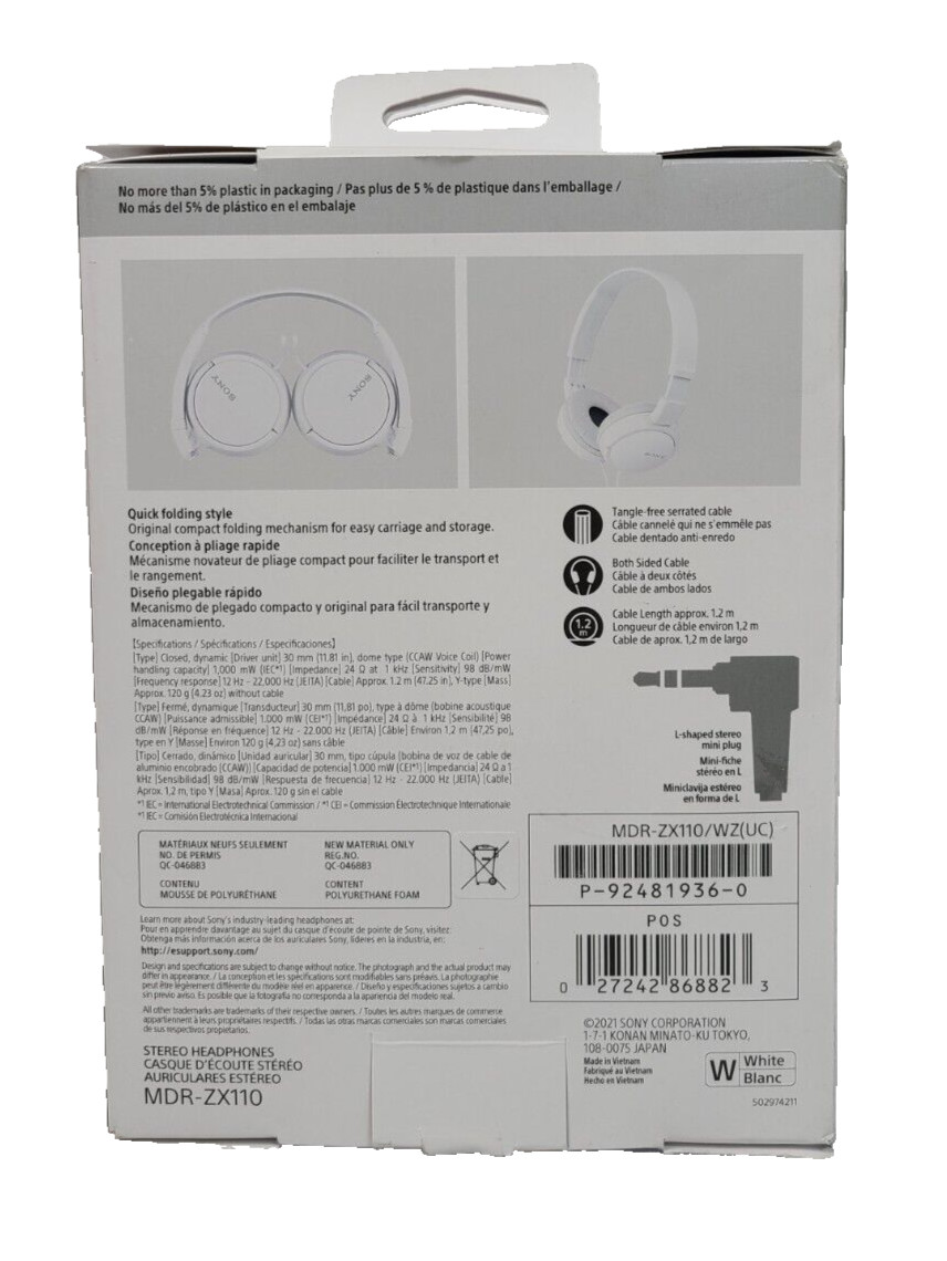 Sony MDR-ZX110 Ear-Pad (On the Ear) Headband Headphones – White