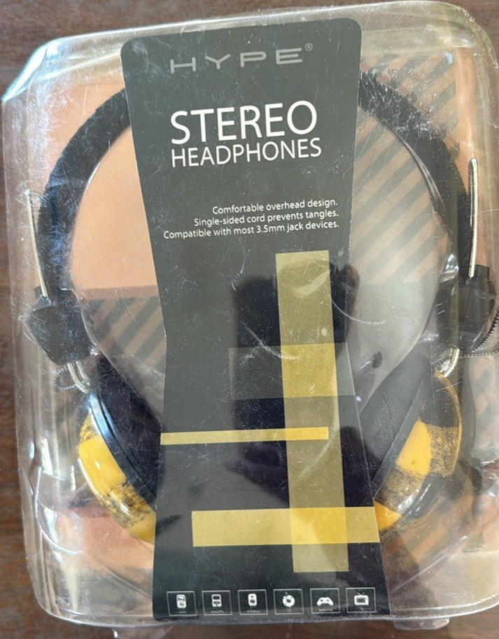 Hype Stereo Headphones Black/Yellow 3.5mm Jack 4ft Cable Headband Ear-Pad