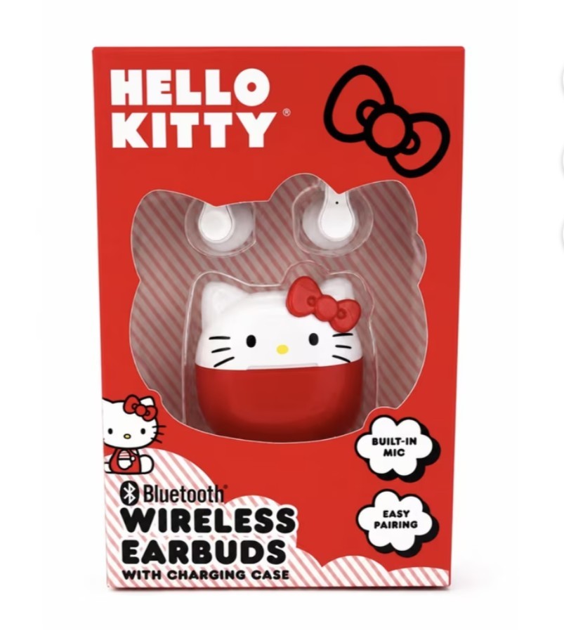 Hello Kitty Bluetooth Wireless In-Ear Earbuds w/Charging Case, Mic Red/White