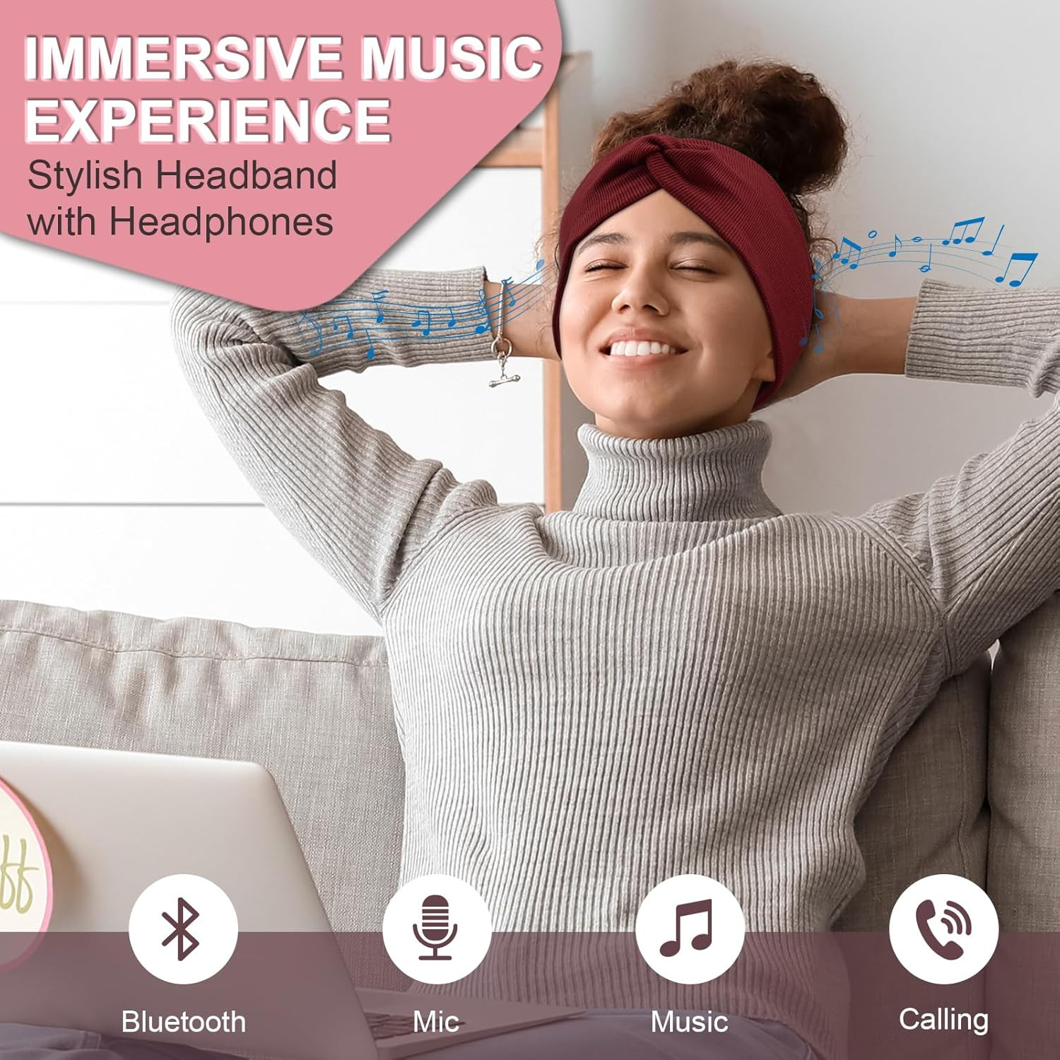 2-Pack Headband Headphones with Thin HD Speakers, Bluetooth Headband for Women,