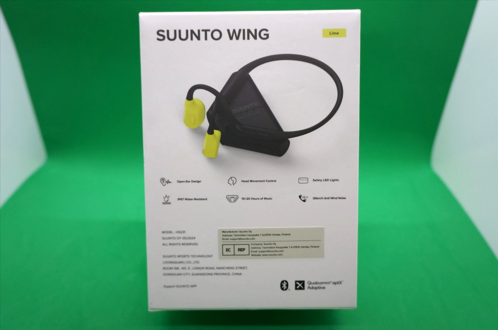 Suunto Wing Bone Conduct Headphones in Lime with flashing Red safety light IP67