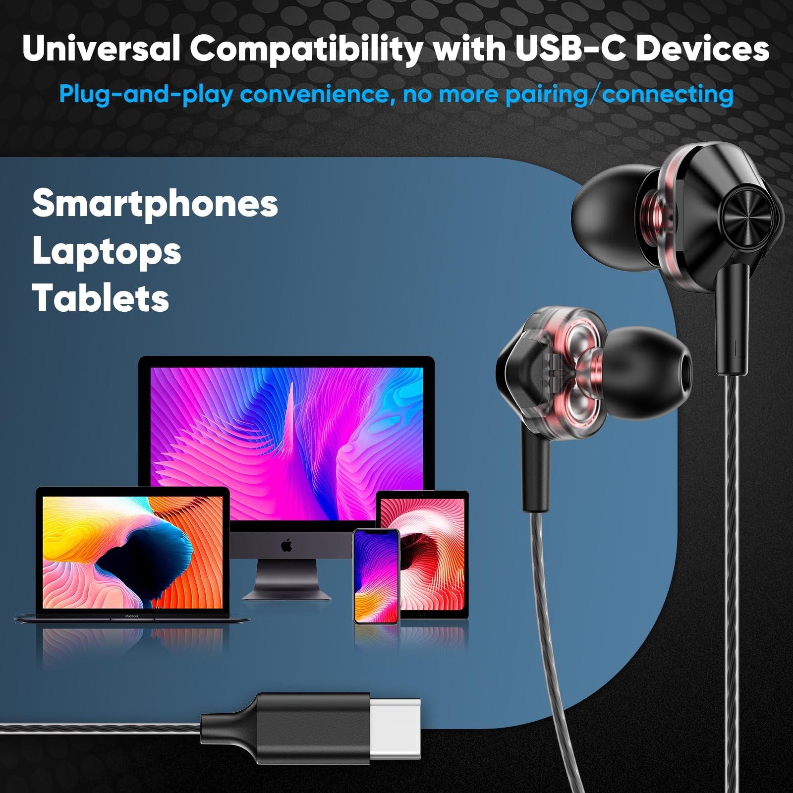 Hi-Fi USB-C Wired In-Ear Earbuds with Mic, Dual Driver, Noise Isolating, Deep Ba