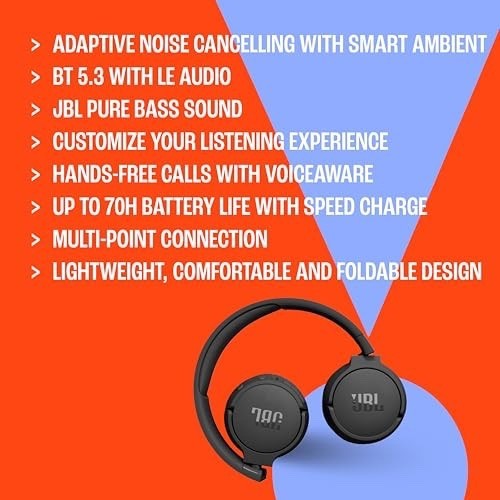 JBL TUNE 670NC ADAPTIVE NOISE CANCELLING WITH SMART AMBIENT WIRELESS (BLACK)