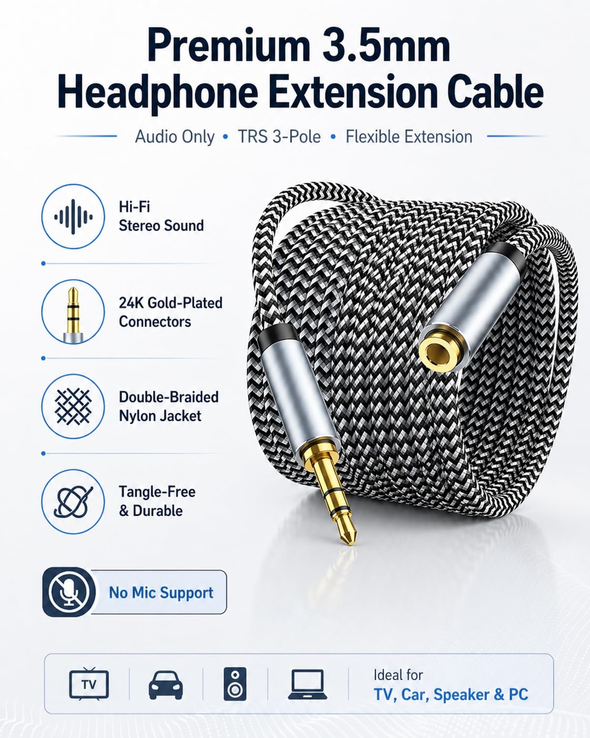 Headphone Extension Cable 10ft – Aux 3.5mm Extension Cable Male to Female, 1/8 I