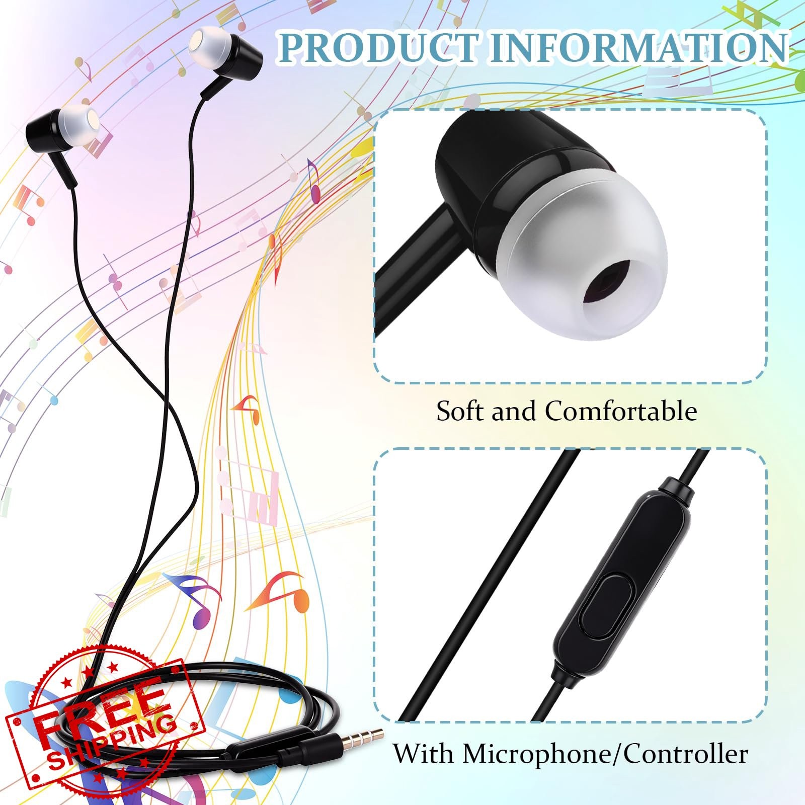 Xinnun 50 Pack Multicolor Earbuds with Mic for Classroom, School, Travel