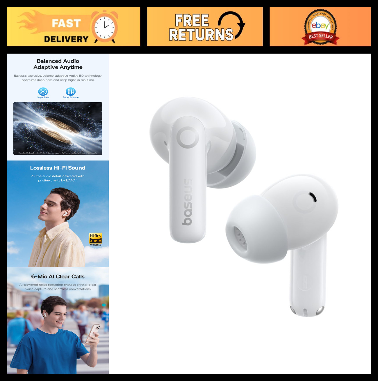 Noise Cancelling Wireless Earbuds, Adaptive EQ, 55H Playtime, IP55 Waterproof, B