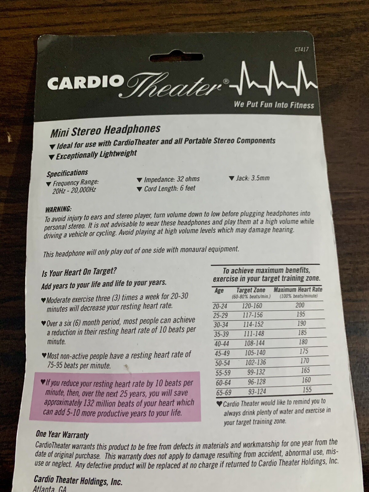 Cardio Theater Mini Stereo Headphones with Adjustable Headband CT 417 6ft Cord