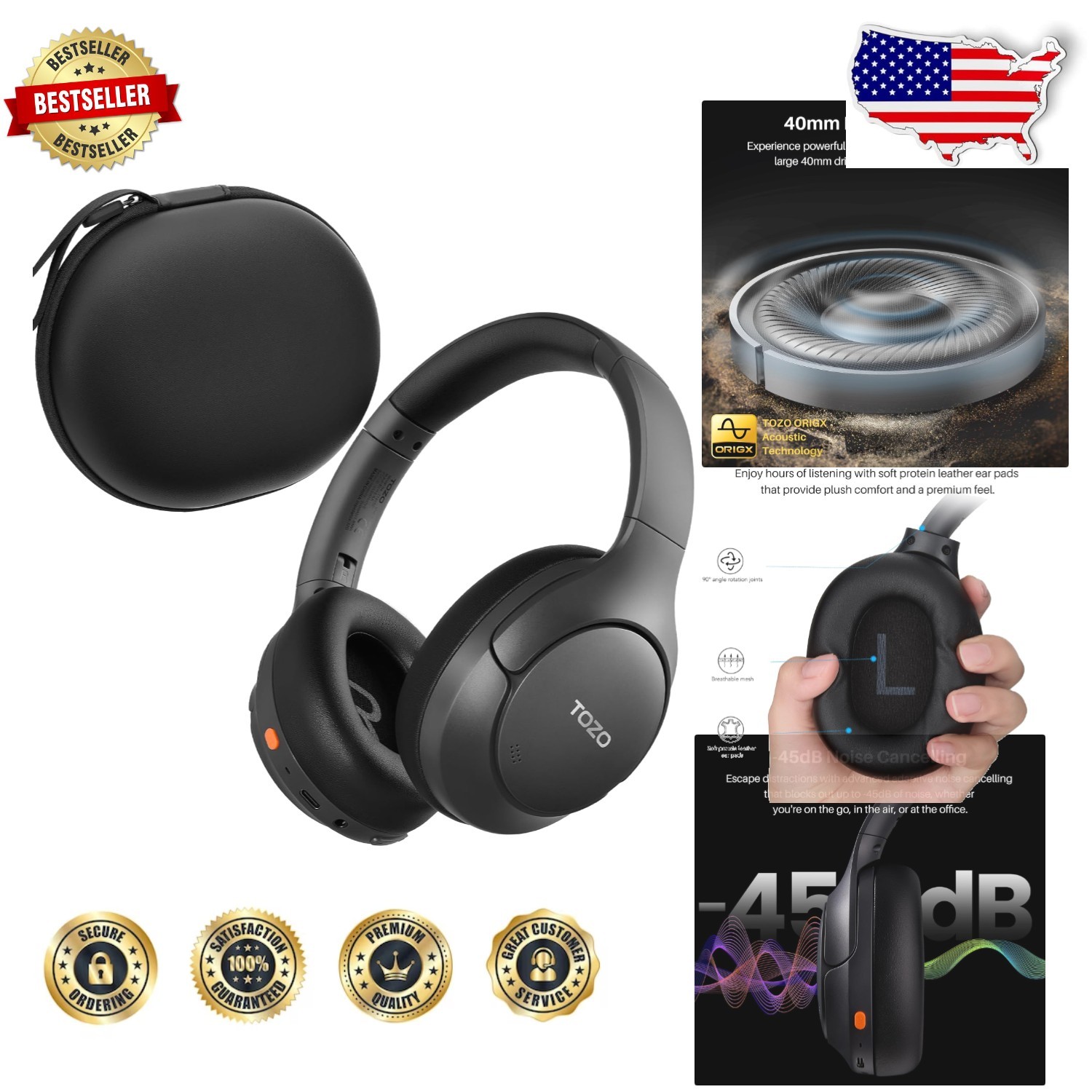 Tozo HT3 Over Ear Headphones: 90H Battery, Dual Device, Adaptive Noise Canc