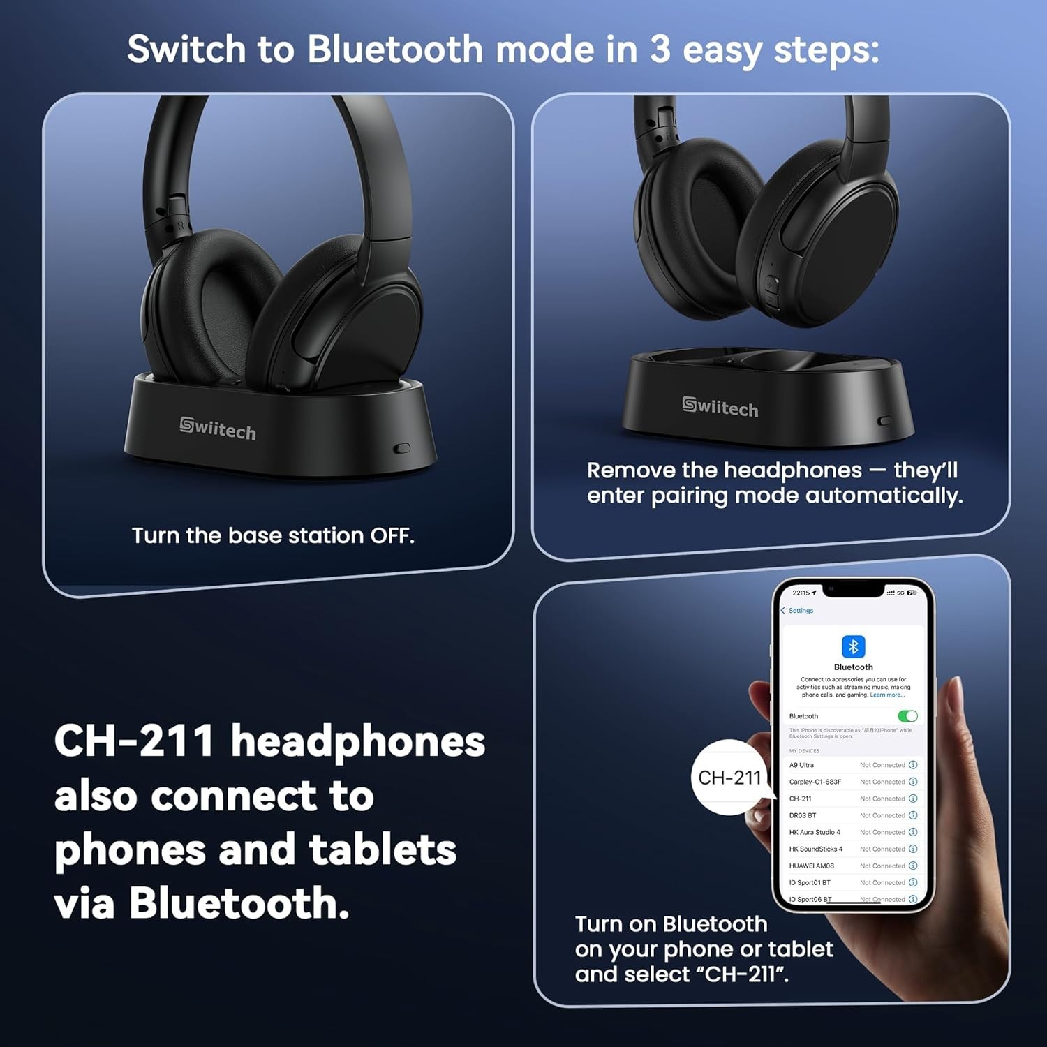 SWIITECH CH-211 BLUETOOTH WIRELESS HEADPHONES FOR TV CHARGING DOCK 45H PLAYTIME
