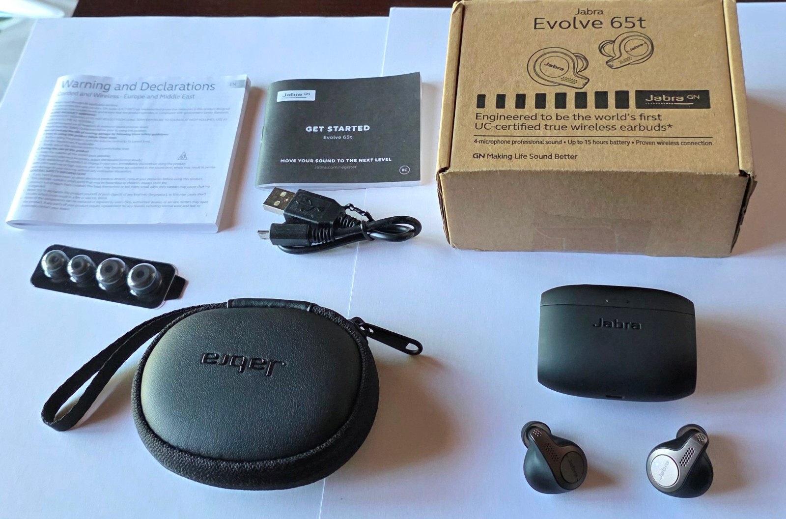 Unused OEM Titanium Black Jabra EVOLVE 65t UC Wireless Earbuds with Accessories