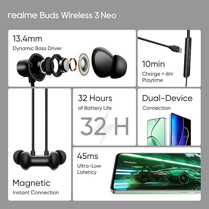 realme Buds Wireless 3 Neo with 13.4mm Driver, 32 hrs Playback, Green