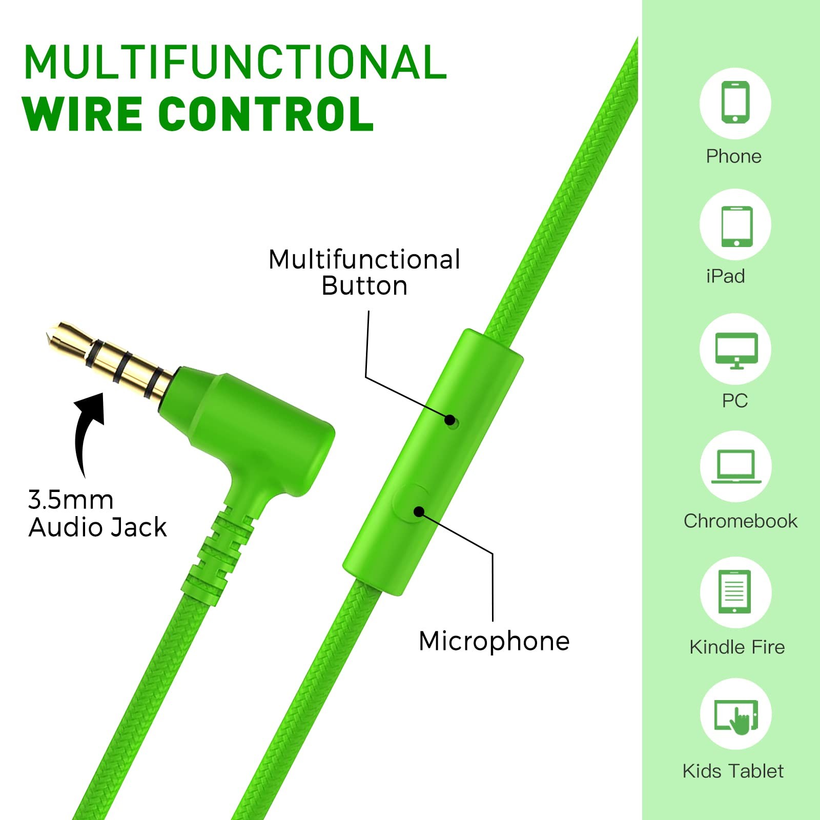 Black Green 950 Wired Headphones for Kids with Microphone 3.5mm Jack On-Ear