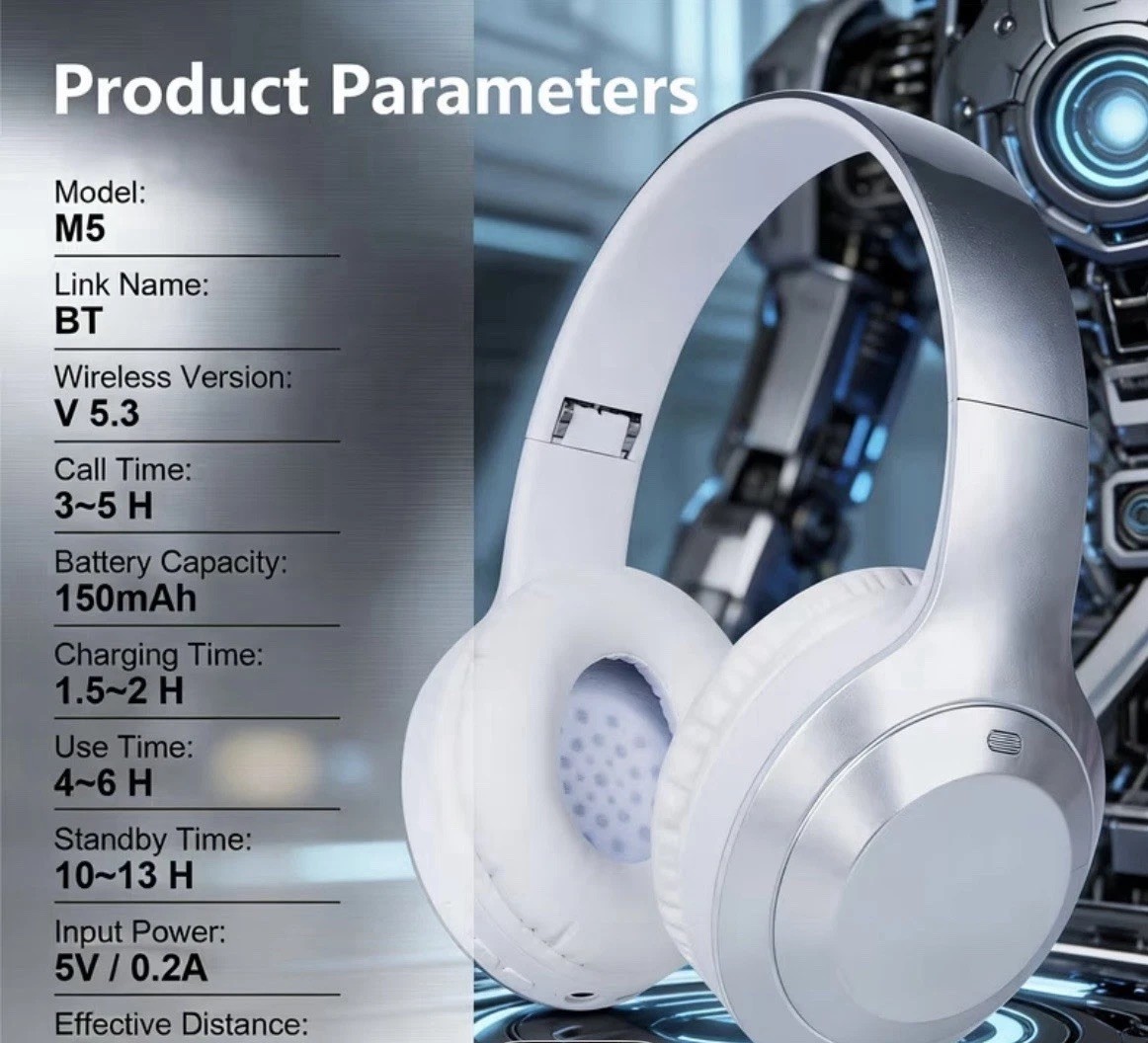 Wireless Bluetooth 5.3 Headphones Over Ear Foldable Noise Isolation Stereo Black