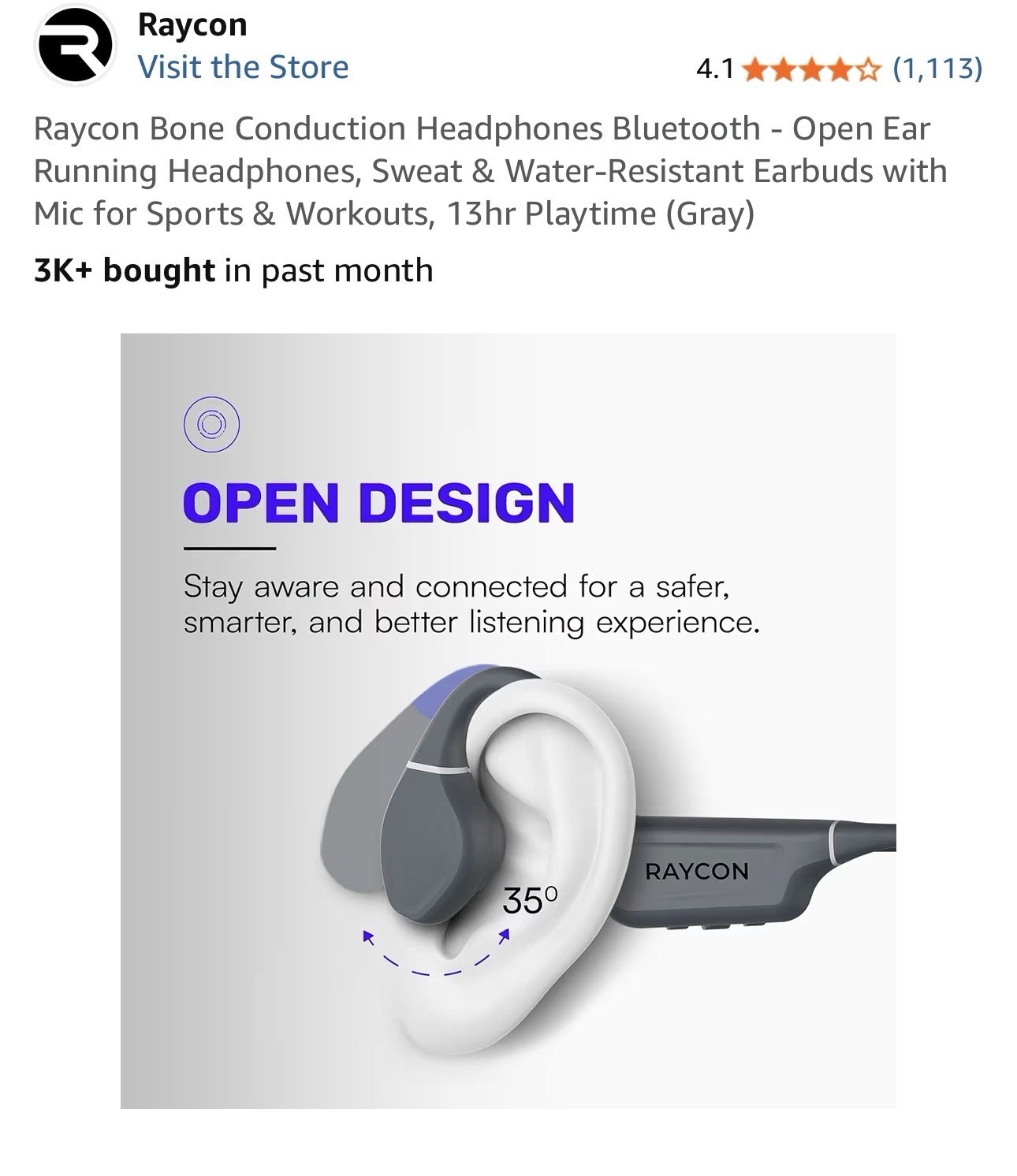 Raycon Bone Conduction Headphones Bluetooth Open Ear Running Headphones