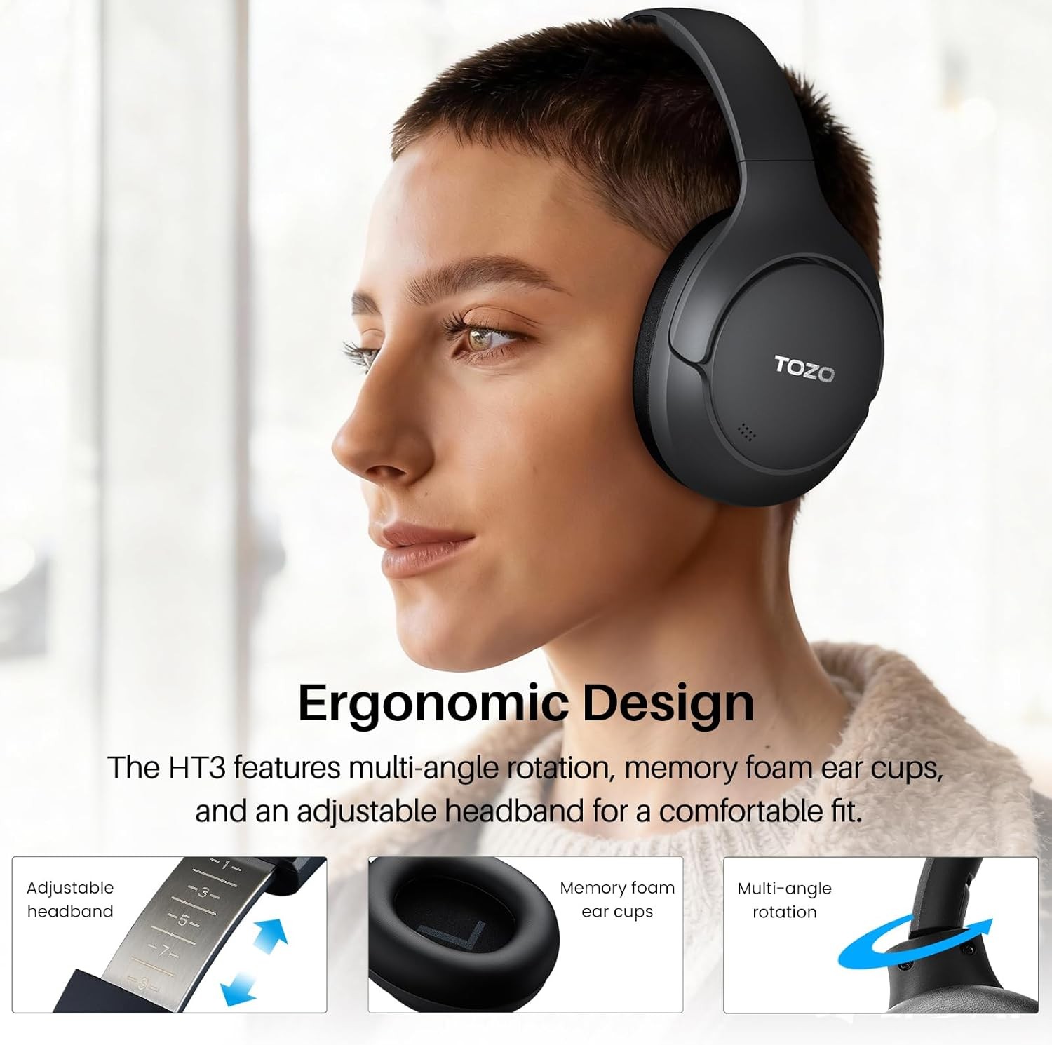 Gold HT3 Hybrid Noise Cancelling Headphones, 90H Battery Life Wireless Over Ear