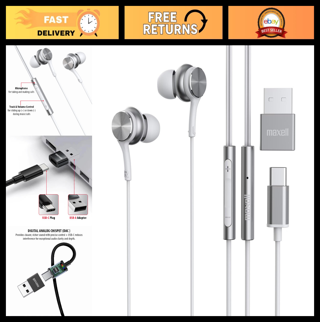 USB-C Wired Earbuds with USB-A Adapter, Built-in Mic, Volume Control, Compatible