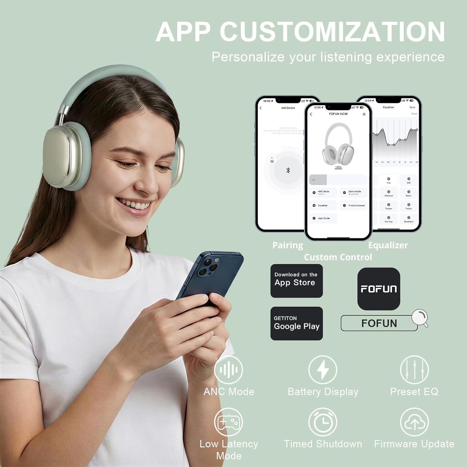 NC95 Hybrid Active Noise Cancelling Headphones with Knob Control, 120H Playti…