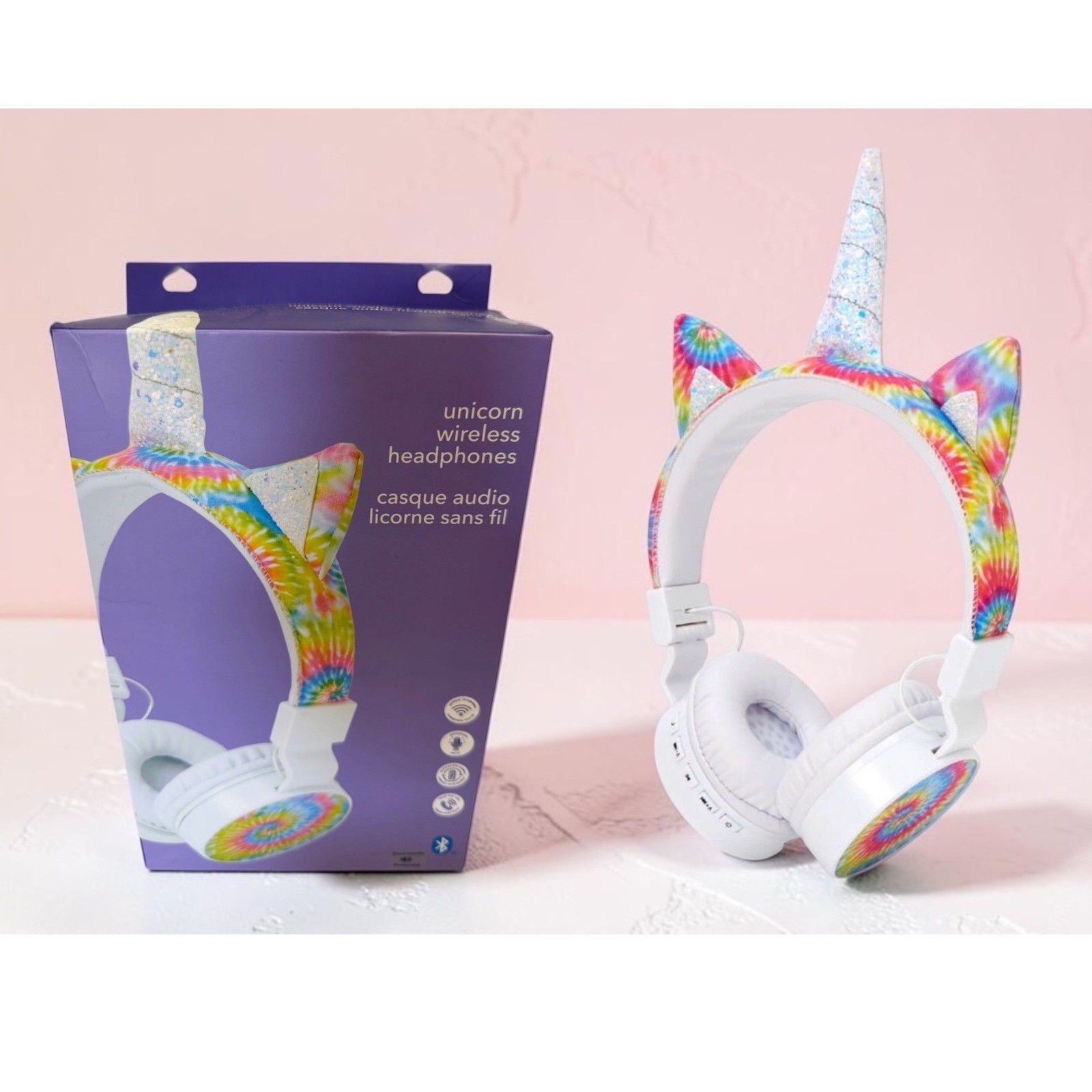Claire’s Unicorn Wireless Bluetooth Headphones Tie Dye Glitter Rainbow Kid Girls