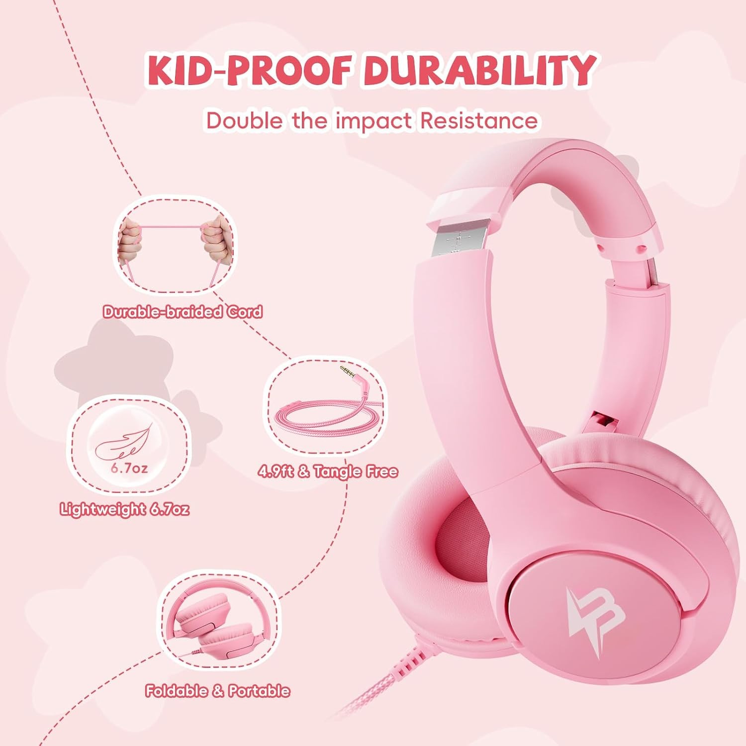 Wired Headphones for Kids for School, 3.5mm Cord Safe Volume Limit, Pink | Over