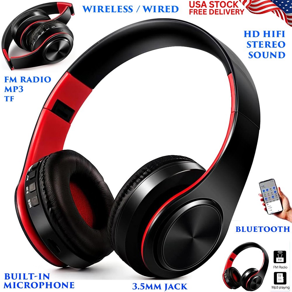 WIRELESS BLUETOOTH HEADPHONES HI-FI STEREO ADJUSTABLE MIC 3.5MM FM RADIO MP3 TF