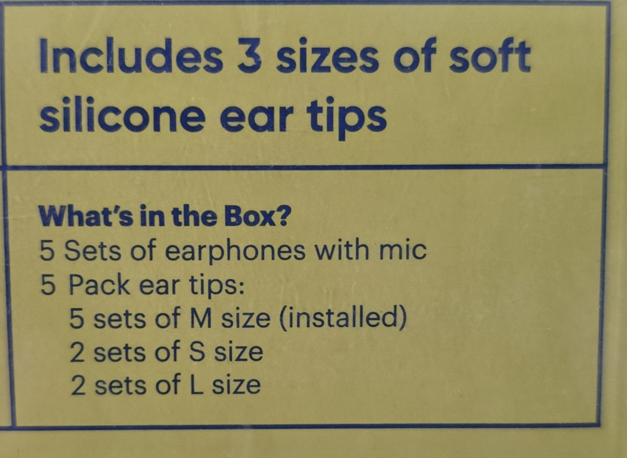 New onn 5-Pack Wired Earbuds, Black With Microphone