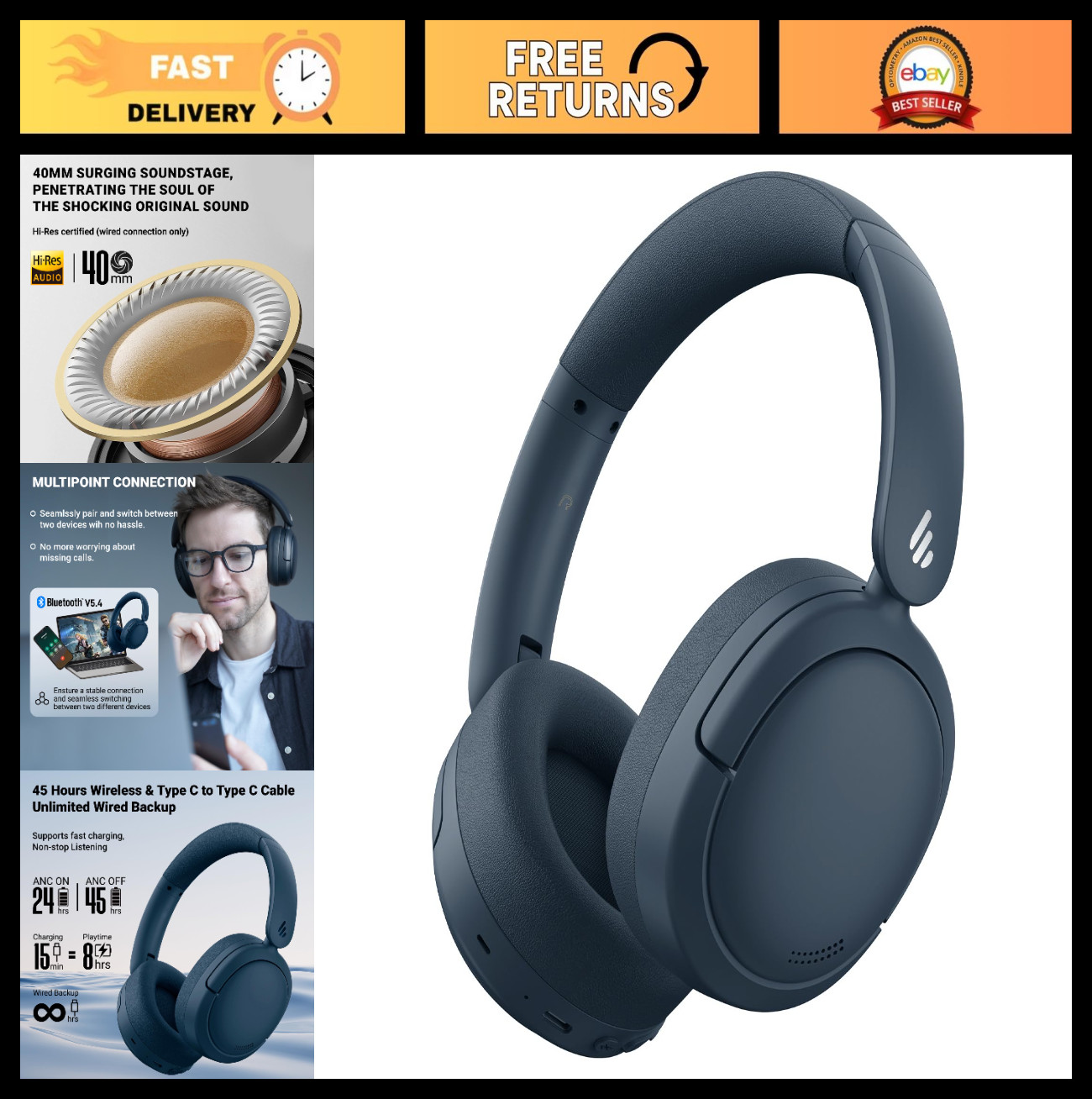 Hybrid Active Noise Cancelling Bluetooth Headphones, True Wireless Over Ear, 45H