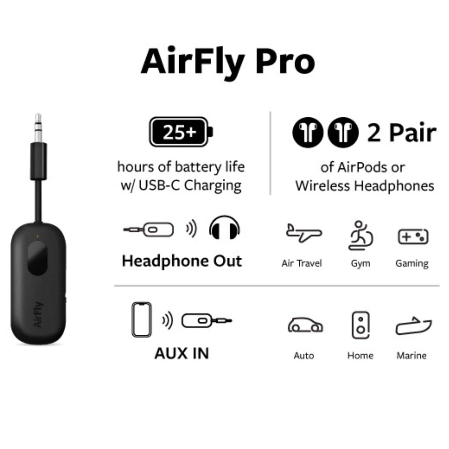 AirFly Pro Wireless Audio Adapter for Bluetooth Headphones 25H Battery Life