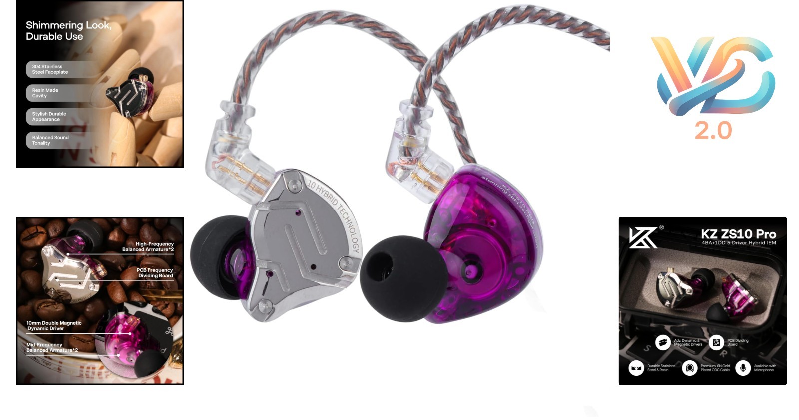 KZ ZS10 Pro In-Ear Monitor Purple 4BA+1DD Hybrid Earphones Wired No Mic