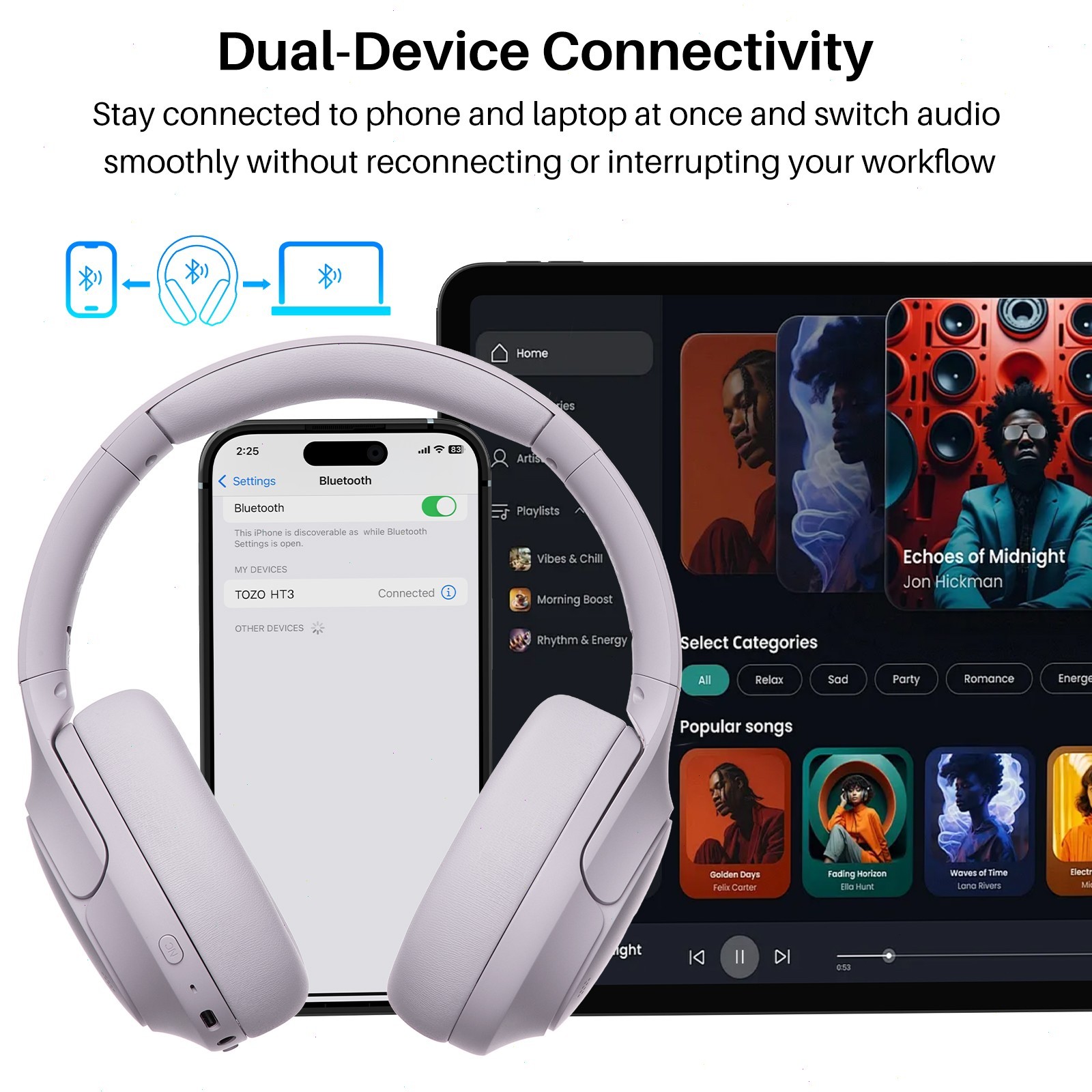 TOZO HT3 Wire/Wireless Headphones Over-Ear Bluetooth 6.0 Headset – Purple