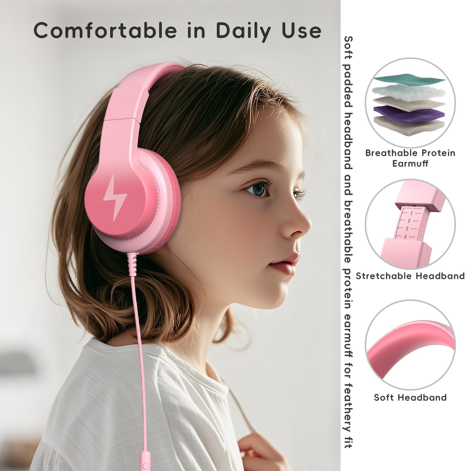 Kids Wired Headphones Microphone 85/94dB Volume Limiter Light Pink Audio