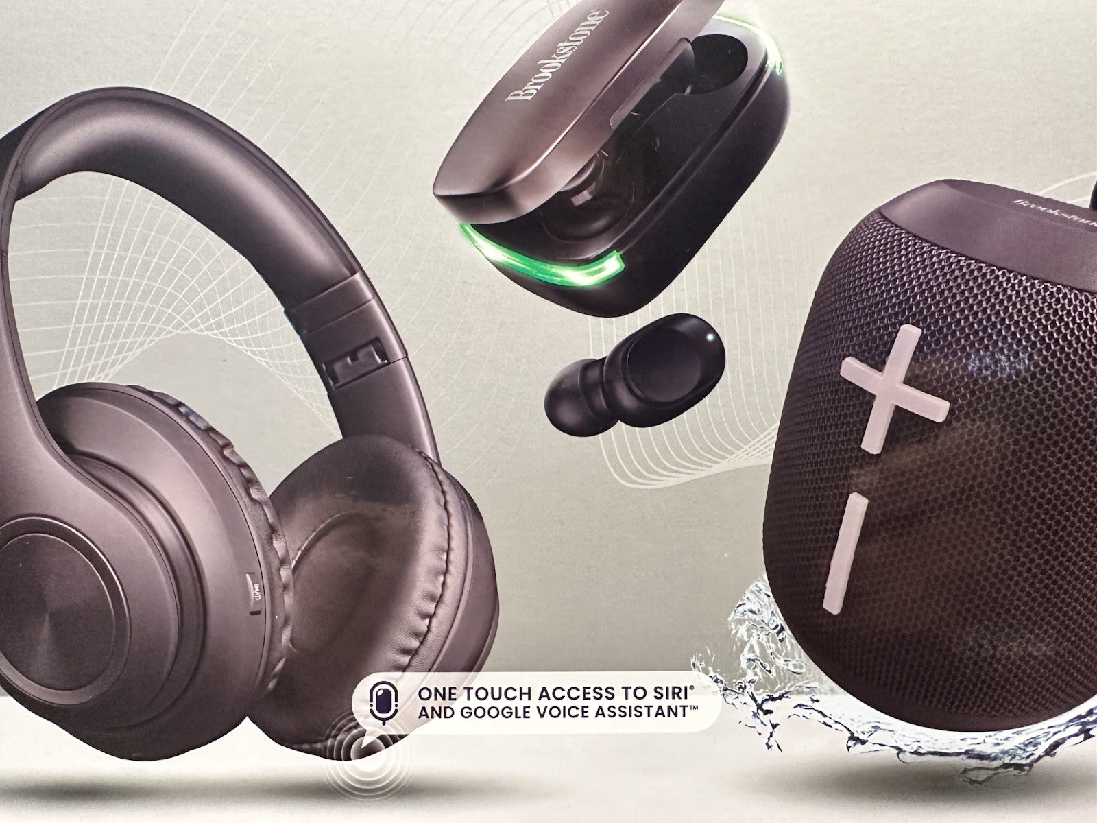 Brookstone 3 in 1 Wireless Audio Kit Headphones Earbuds Speaker IPX4