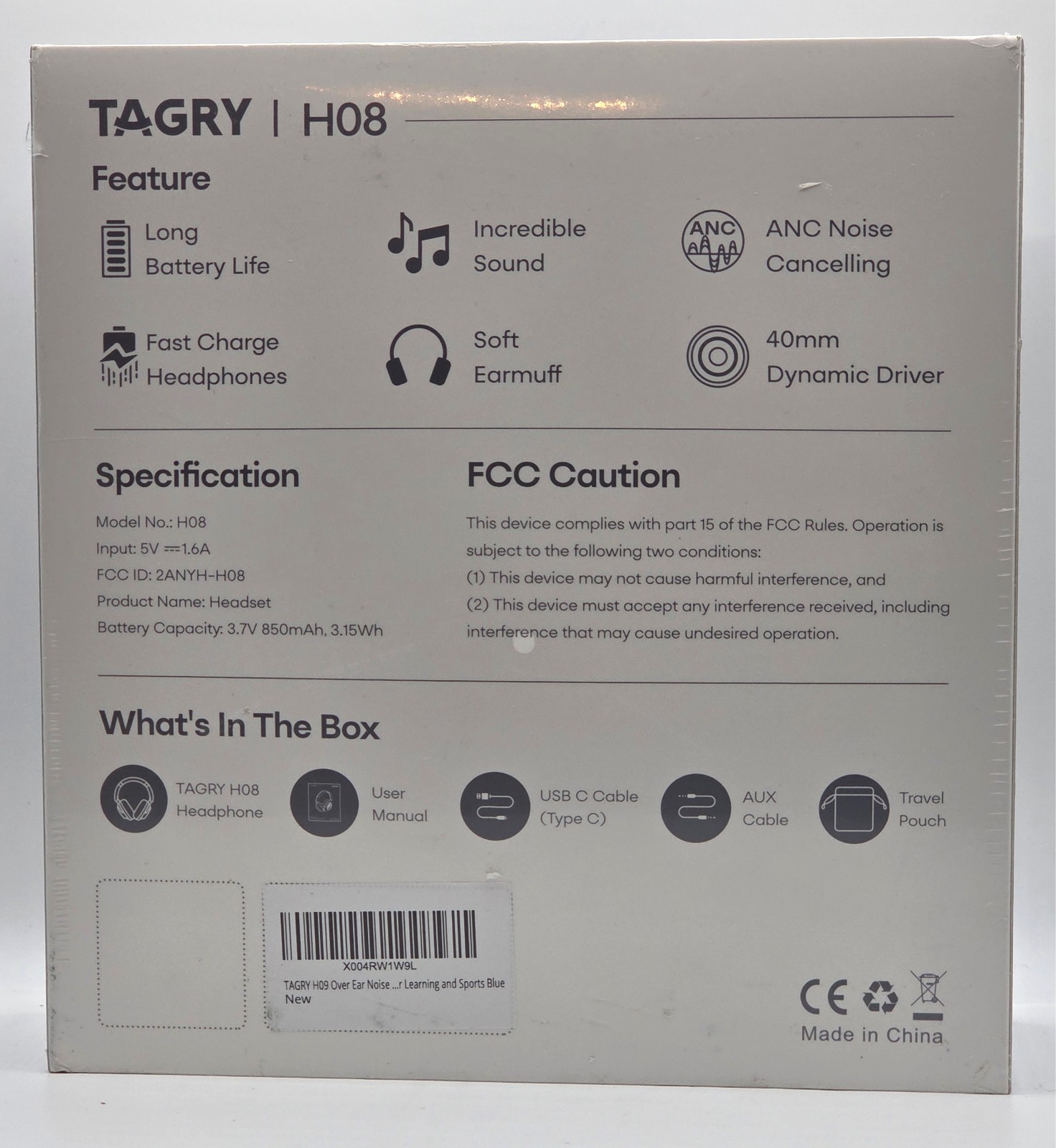 TAGRY H08 Active Noise Cancelling Headphones Wireless Bluetooth Over Ear – White