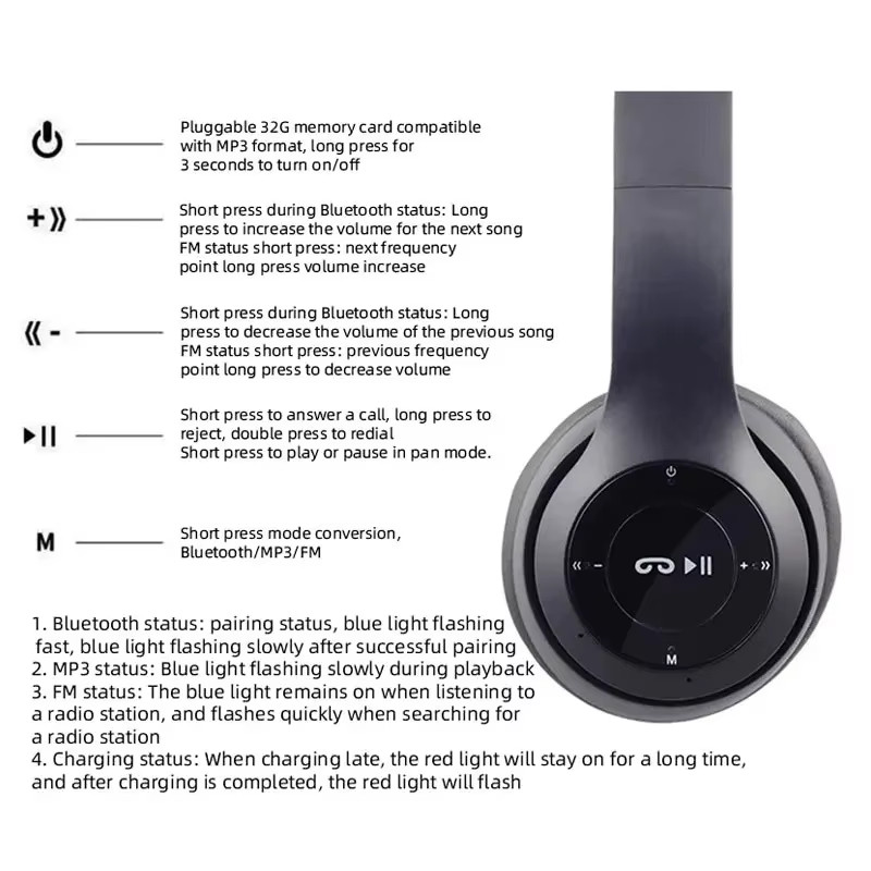 P47 Wireless Bluetooth 5.0 Headphones Over Ear Foldable FM Radio TF Card Mic
