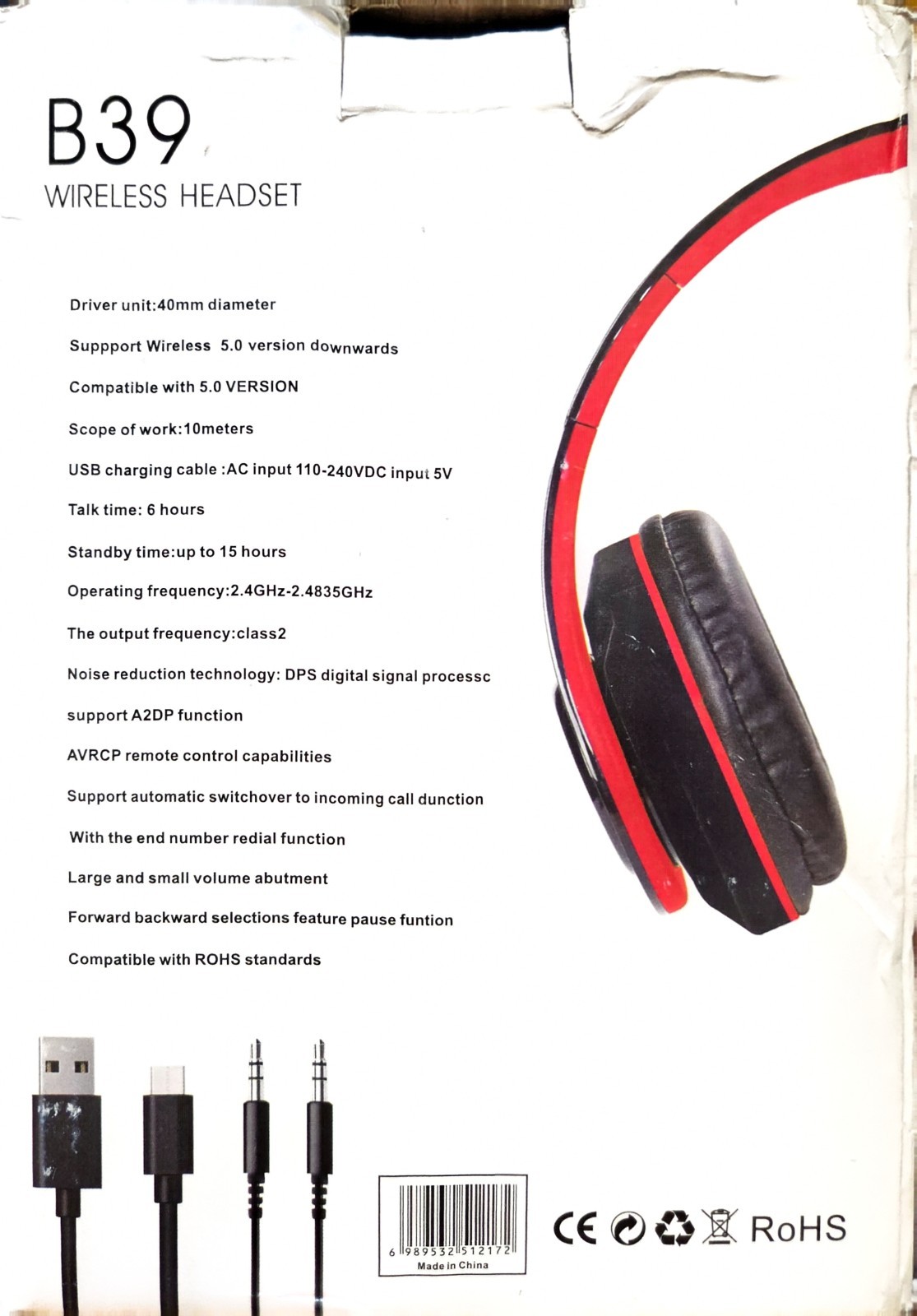 B39 Bluetooth Headset Wireless Hi-Fi Lights Over-Ear Headphones Red Black