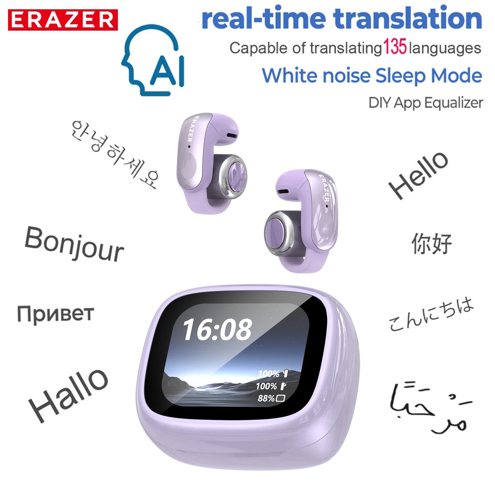 ERAZER XF28 AI Translator Ear Clip Earphones Bluetooth 6.0 Sports LCD Display