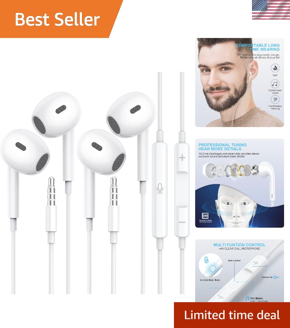HiFi Wired Earbuds with Clear Microphone for Music & Calls – 2 Pack
