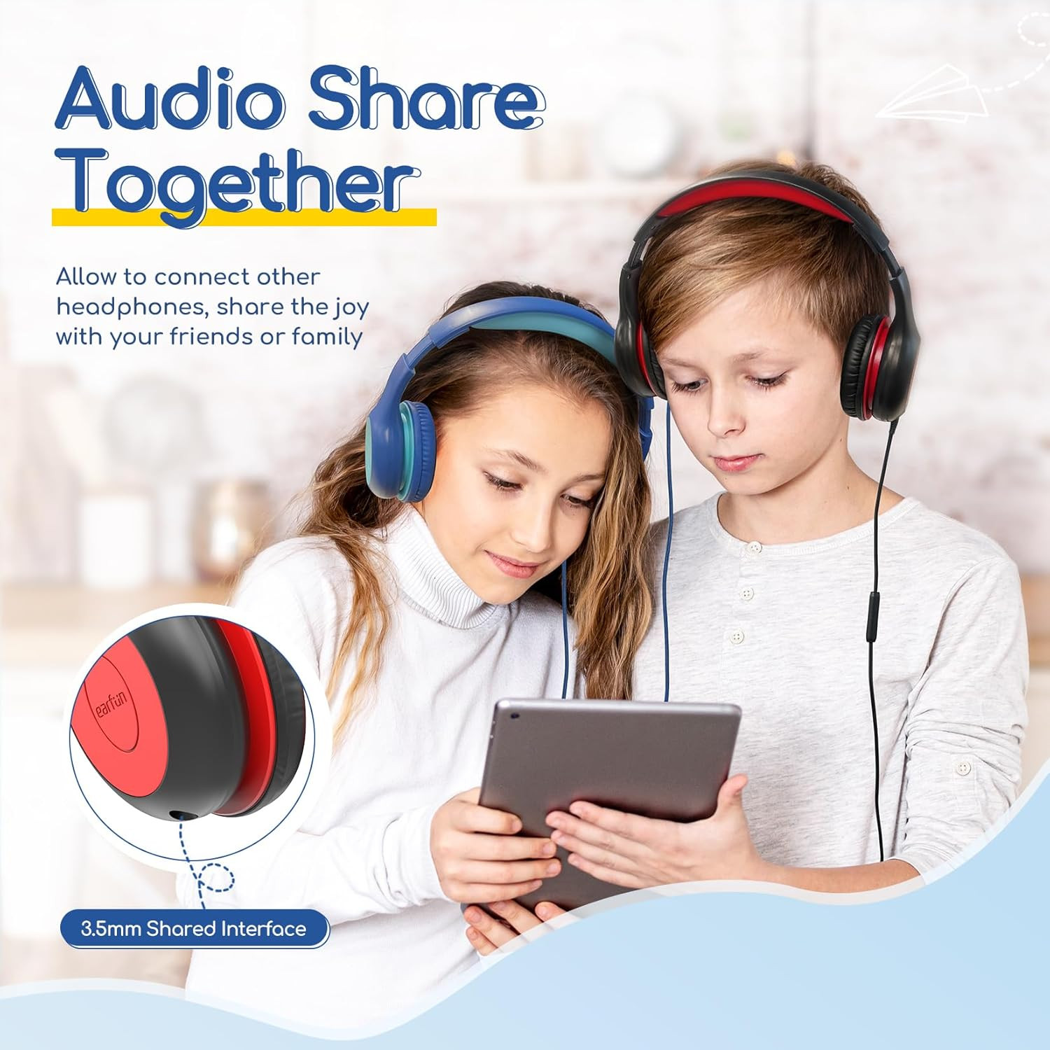 Earfun K1 Kids Headphones Wired with Microphone, 85/94Db Volume Limit Headphones