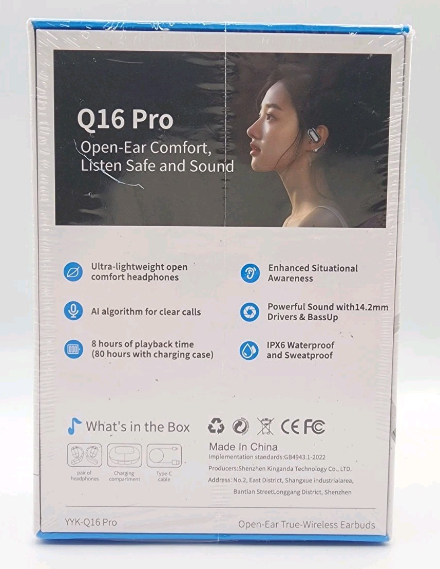 LCD Open-Ear Comfort YYK-Q16 Pro True Wireless Earbuds, Black