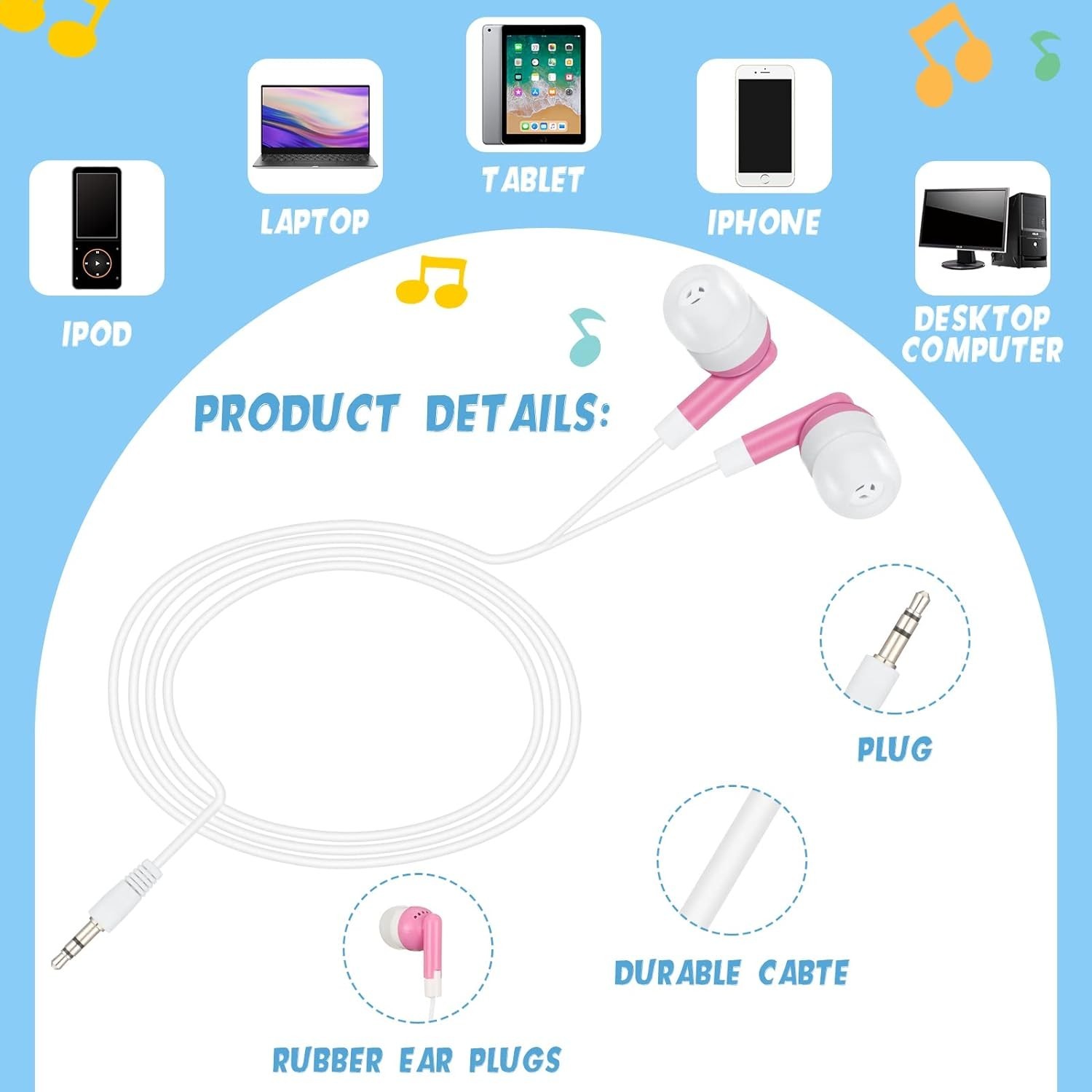 3.5mm In-ear Earbuds Headphones – Wired AUX Jack Earphone Stereo Great for Kids!