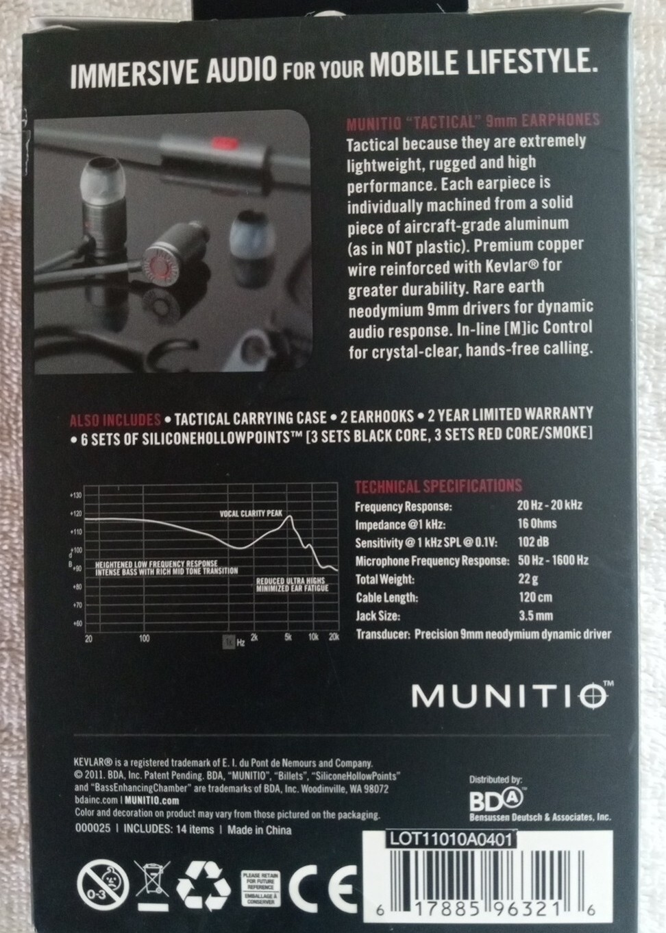 Munitio Billets 9mm Earphones in-line Mic Battle Gray Tactical Case Open Box