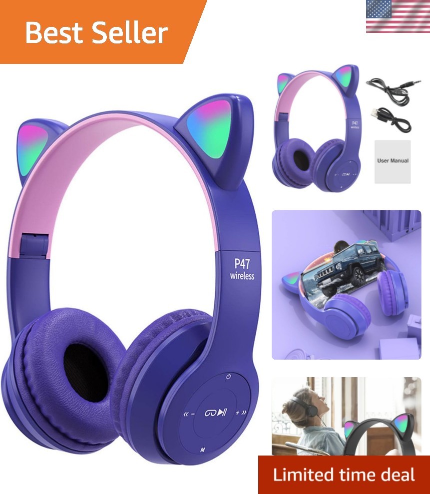 Stylish Bluetooth 5.0 Cat Ear Headphones with LED Lights – Foldable Design