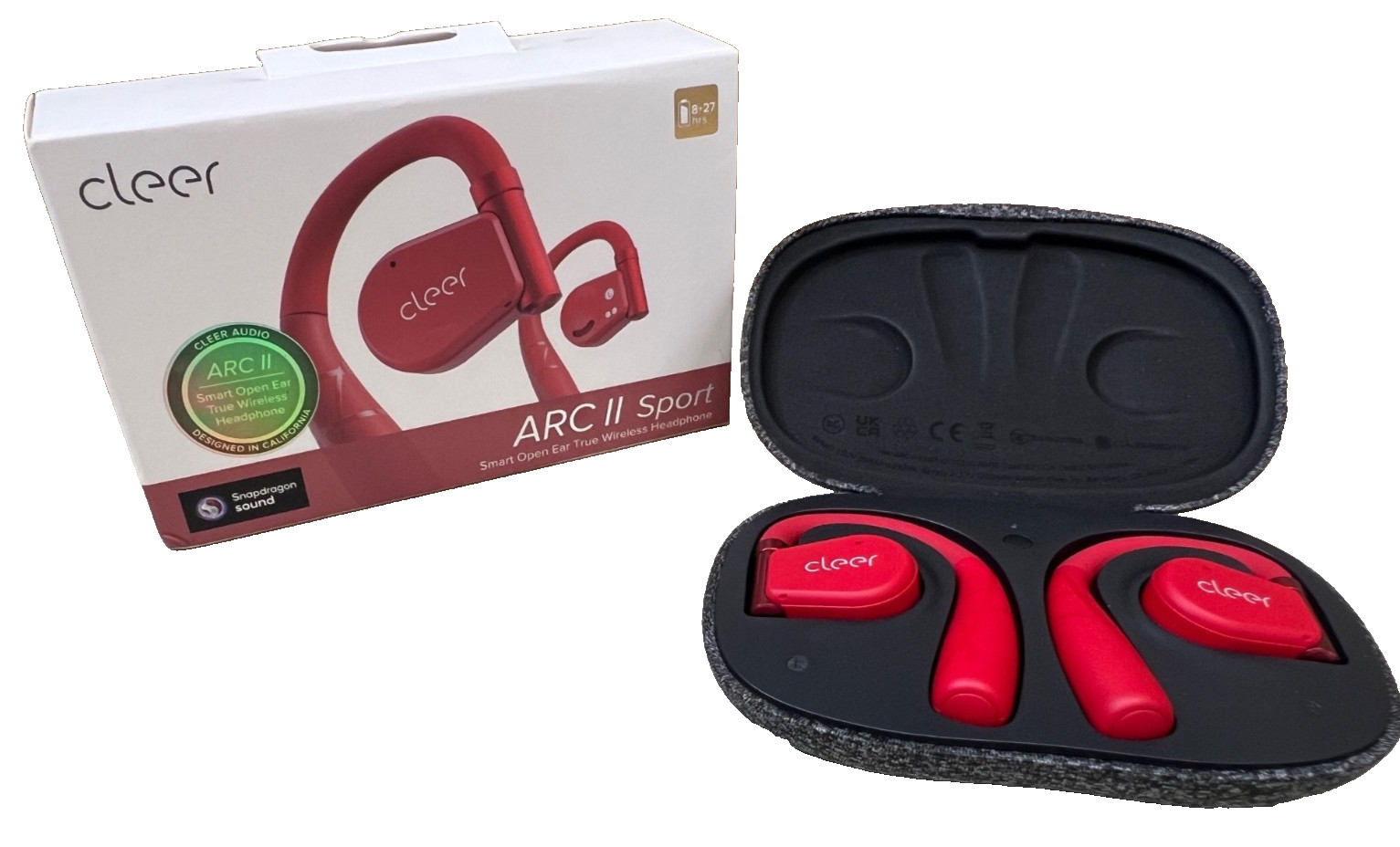 Cleer Arc II Sport Earbuds-Red on Red Open Ear Smart Wireless Headphones-NEW