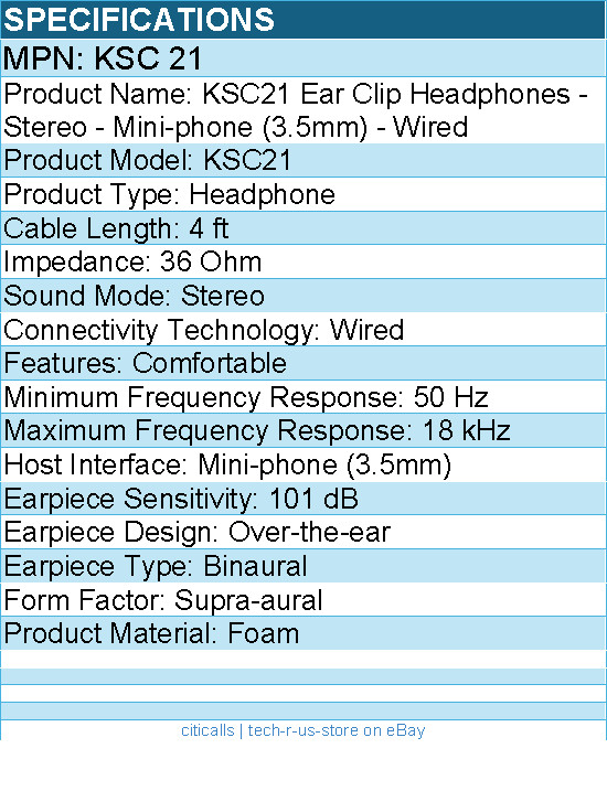 Koss KSC21 Ear Clip Headphones – Stereo – Mini-phone (3.5mm) – Wired