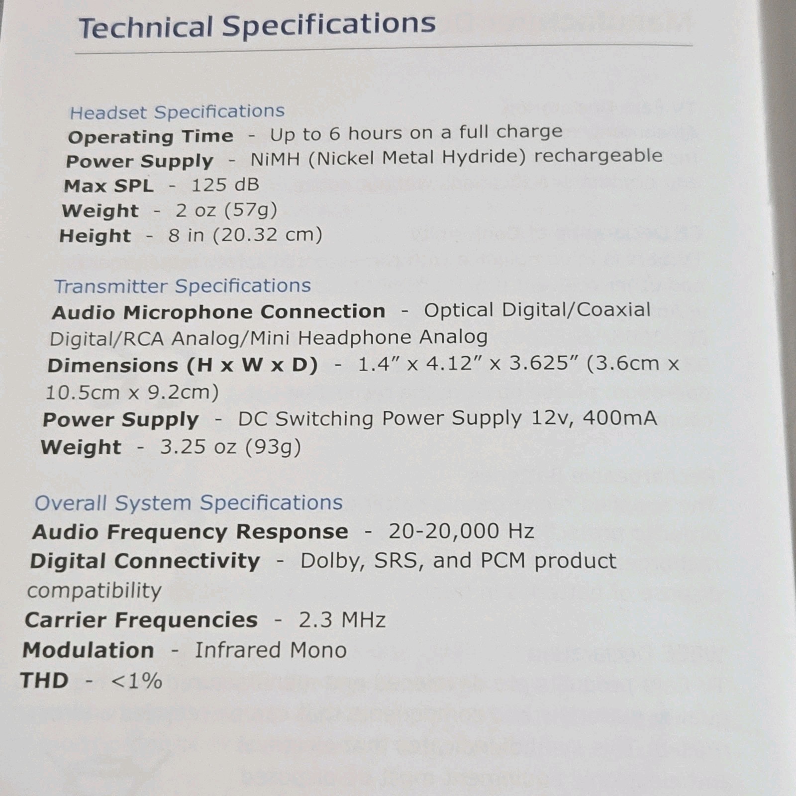 TV·Ears 5.0 Wireless Headset And Dual Digital Transmitter Kit Original Box
