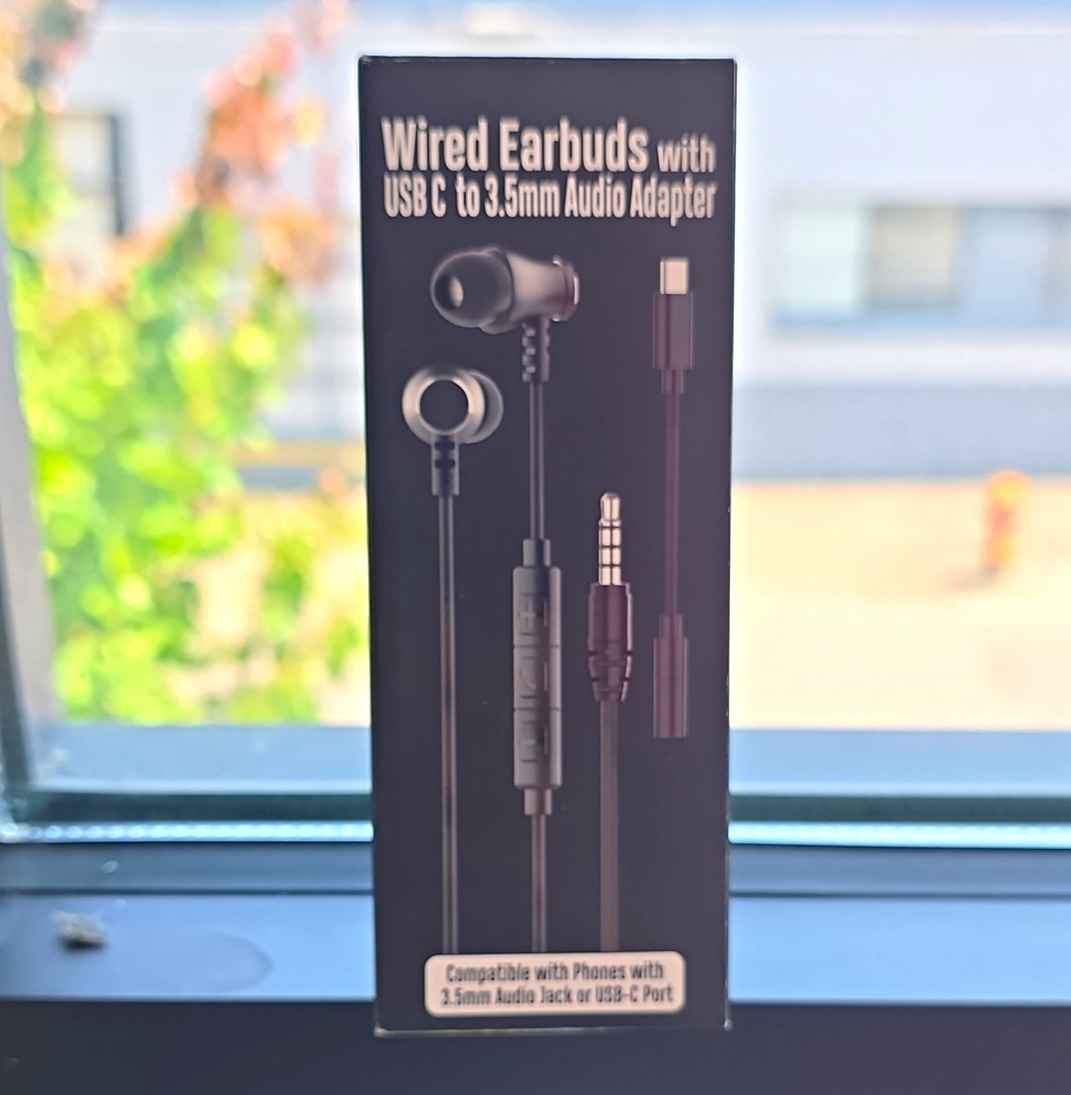 Wired In-Ear Earbuds w/ Mic, Volume Control, USB-C to 3.5mm Adapter Black