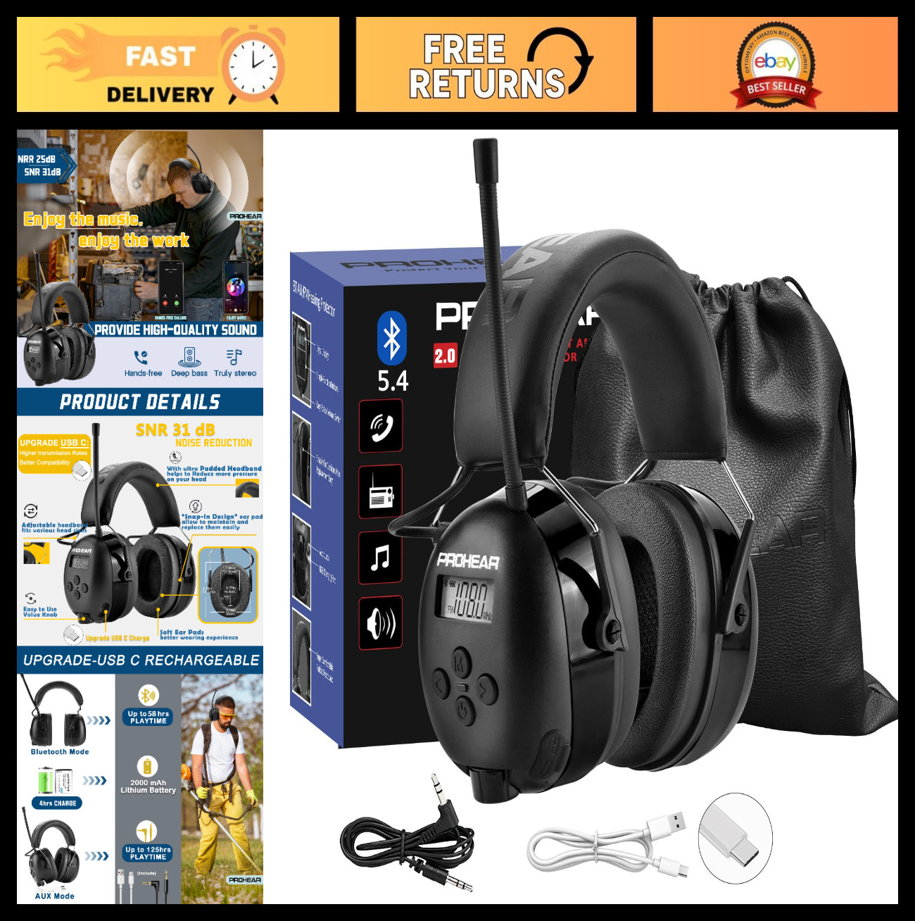 AM FM Bluetooth Radio Headphones – USB C Rechargeable, 2000mAh Battery, 58Hrs Pl
