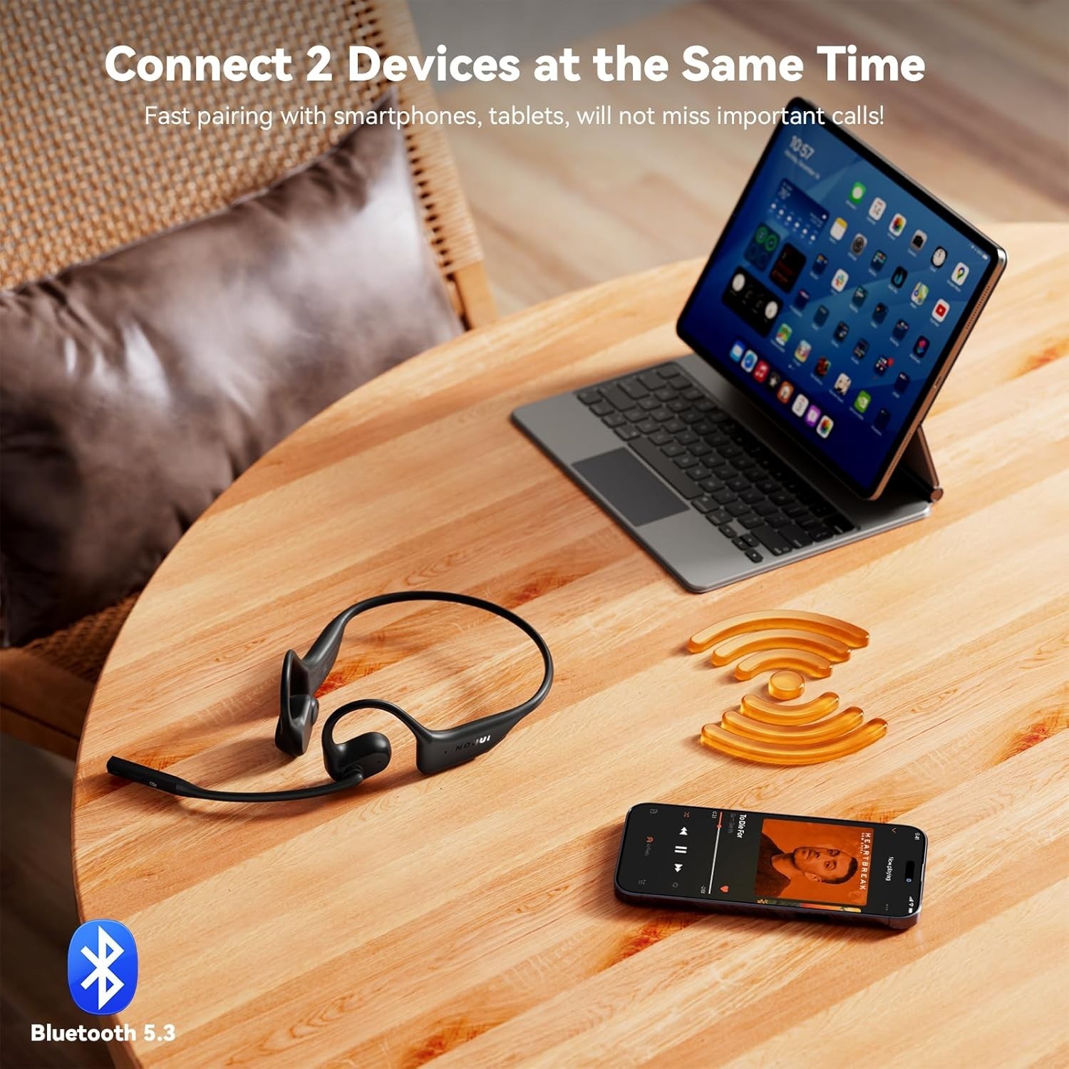 Open Ear Headphones with Mic, Dual Connection Bluetooth Headset with Microphone