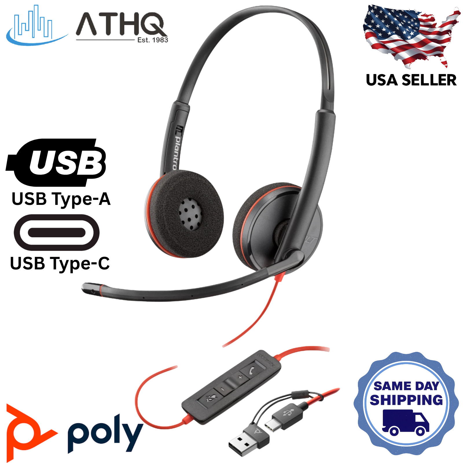 Poly Blackwire 3220 USB-C Stereo Headset+USB-C/A Adapter HD Noise Cancelling Mic